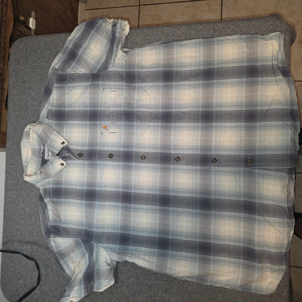 Relaxed Fit Carhartt Blue Plaid Shortsleeve Button Up T Shirt 2xl E2